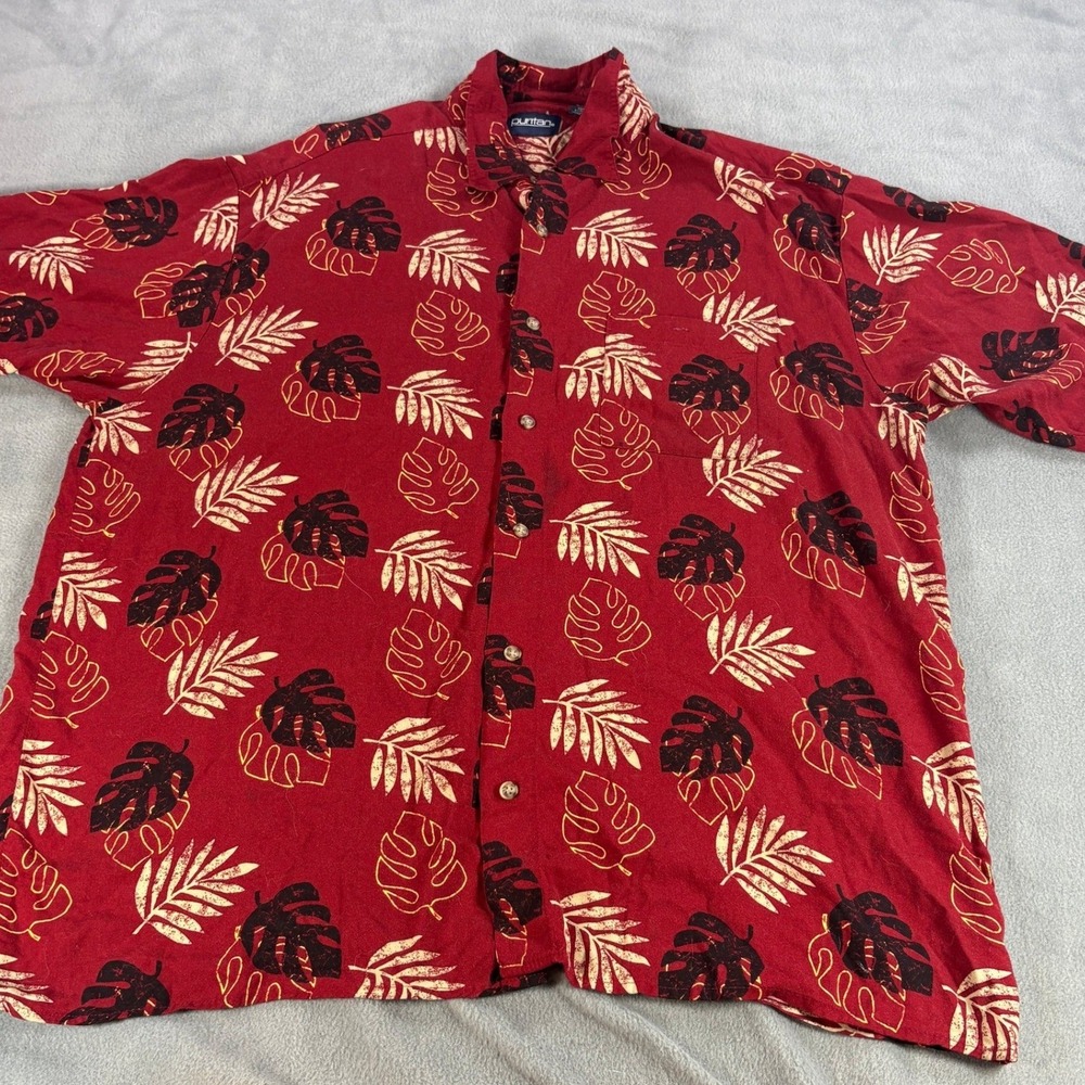 Puritan Mens XL Red Tropical Leaf Print Short Sleeve Hawaiin Button Down Shirt
